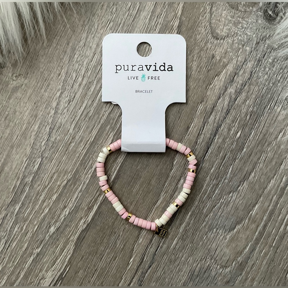 💓PuraVida Live Free Beaded Pink & White Stretch Bracelet